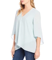 Karen Kane Petite Size V-Neck 3/4 Sleeve Crossover Hem Silky Crepe Top