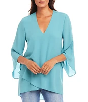 Karen Kane Petite Size V-Neck 3/4 Sleeve Crossover Hem Silky Crepe Top