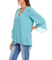 Karen Kane Petite Size V-Neck 3/4 Sleeve Crossover Hem Silky Crepe Top