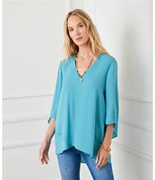 Karen Kane Petite Size V-Neck 3/4 Sleeve Crossover Hem Silky Crepe Top