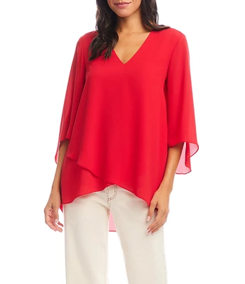 Karen Kane Petite Size V-Neck 3/4 Sleeve Crossover Hem Silky Crepe Top