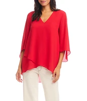 Karen Kane Petite Size V-Neck 3/4 Sleeve Crossover Hem Silky Crepe Top