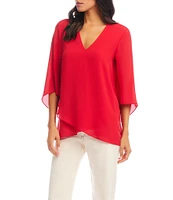 Karen Kane Petite Size V-Neck 3/4 Sleeve Crossover Hem Silky Crepe Top