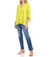 Karen Kane Petite Size V-Neck 3/4 Sleeve Crossover Hem Silky Crepe Top