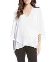 Karen Kane Petite Size V-Neck 3/4 Sleeve Crossover Hem Silky Crepe Top