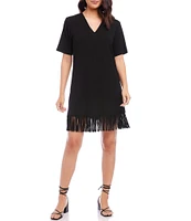 Karen Kane Petite Size V-Neck Short Sleeve Fringe Hem Jersey Knit Dress