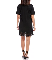 Karen Kane Petite Size V-Neck Short Sleeve Fringe Hem Jersey Knit Dress