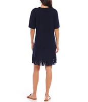 Karen Kane Petite Size V-Neck Short Sleeve Fringe Hem Jersey Knit Dress