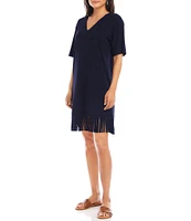 Karen Kane Petite Size V-Neck Short Sleeve Fringe Hem Jersey Knit Dress