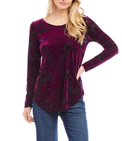 Karen Kane Petite Size Velvet Burnout Boat Neck Long Sleeve Shirttail Hem Top