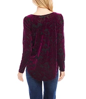 Karen Kane Petite Size Velvet Burnout Boat Neck Long Sleeve Shirttail Hem Top