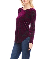 Karen Kane Petite Size Velvet Burnout Boat Neck Long Sleeve Shirttail Hem Top