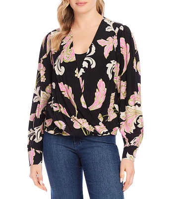 Karen Kane Petite Size Woven Floral Surplice V-Neck Long Sleeve Layered Drape Front Coordinating Blouse