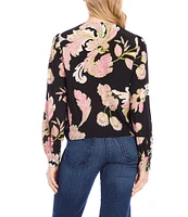 Karen Kane Petite Size Woven Floral Surplice V-Neck Long Sleeve Layered Drape Front Coordinating Blouse