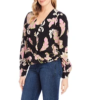 Karen Kane Petite Size Woven Floral Surplice V-Neck Long Sleeve Layered Drape Front Coordinating Blouse