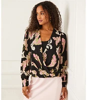 Karen Kane Petite Size Woven Floral Surplice V-Neck Long Sleeve Layered Drape Front Coordinating Blouse