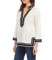 Karen Kane Petite The St. Tropez Y-Neck Bracelet Sleeve Contrast Trim Tunic