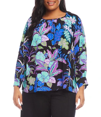 Karen Kane Plus Size Botanical Garden Print Crew Neck Long Sleeve Peasant Top