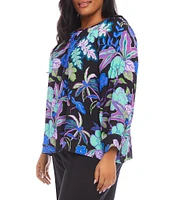 Karen Kane Plus Size Botanical Garden Print Crew Neck Long Sleeve Peasant Top