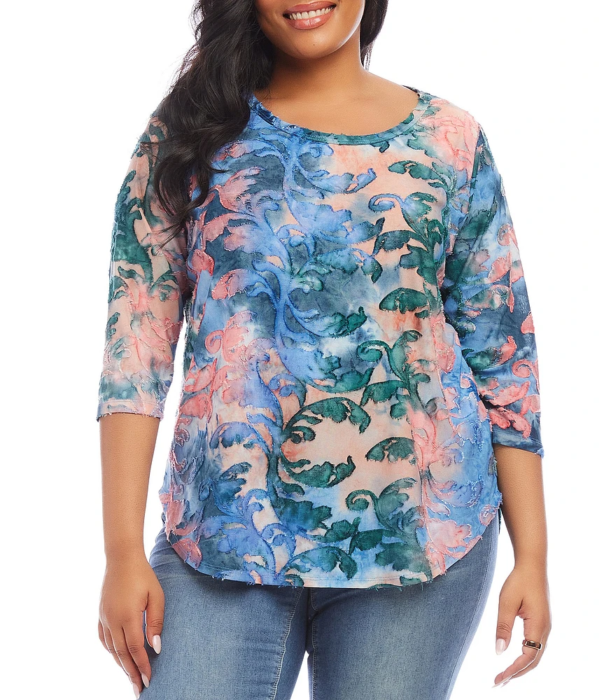 Karen Kane Plus Size Burnout Tie Dye Print Crew Neck 3/4 Sleeve Shirttail Hem Knit Top