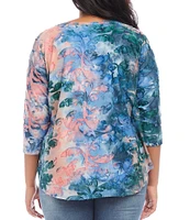 Karen Kane Plus Size Burnout Tie Dye Print Crew Neck 3/4 Sleeve Shirttail Hem Knit Top