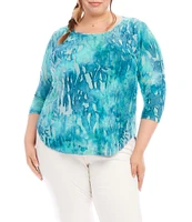 Karen Kane Plus Size Burnout Tie-Dye Print Crew Neck 3/4 Sleeve Shirttail Hem Knit Top