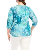 Karen Kane Plus Size Burnout Tie-Dye Print Crew Neck 3/4 Sleeve Shirttail Hem Knit Top