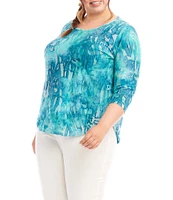 Karen Kane Plus Size Burnout Tie-Dye Print Crew Neck 3/4 Sleeve Shirttail Hem Knit Top