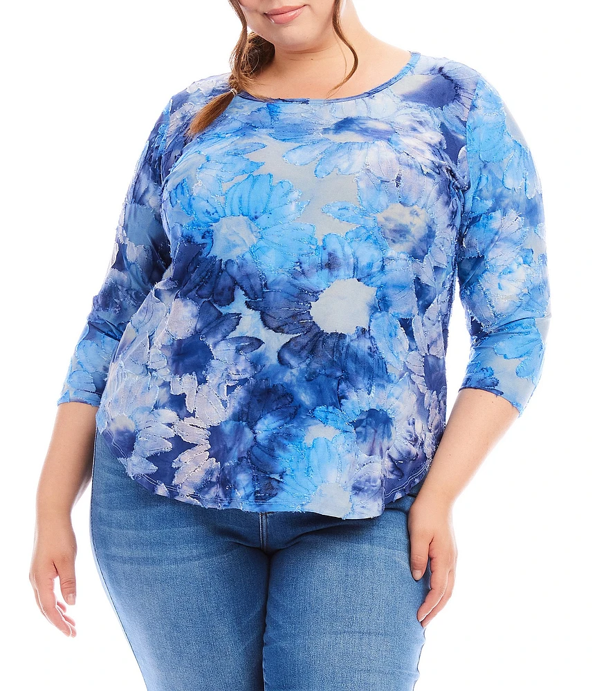 Karen Kane Plus Size Burnout Tie-Dye Print Scoop Neck 3/4 Sleeve Shirttail Hem Knit Top