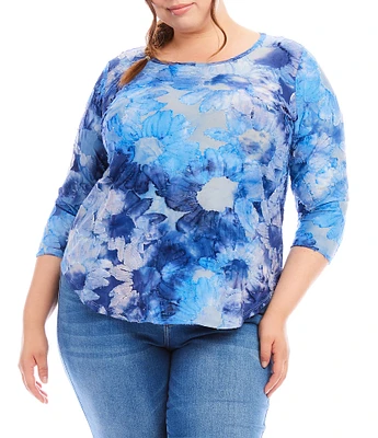 Karen Kane Plus Size Burnout Tie-Dye Print Scoop Neck 3/4 Sleeve Shirttail Hem Knit Top