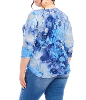 Karen Kane Plus Size Burnout Tie-Dye Print Scoop Neck 3/4 Sleeve Shirttail Hem Knit Top