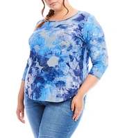 Karen Kane Plus Size Burnout Tie-Dye Print Scoop Neck 3/4 Sleeve Shirttail Hem Knit Top
