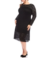 Karen Kane Plus Size Column Lace Boat Neck Long Sleeve Scallop Edge Sheath Dress