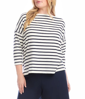 Karen Kane Plus Size Cotton-Blend Stripe Boat Neck 3/4 Sleeve Top