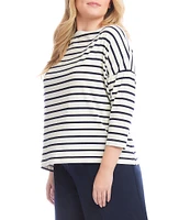 Karen Kane Plus Size Cotton-Blend Stripe Boat Neck 3/4 Sleeve Top