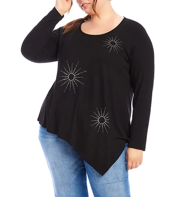 Karen Kane Plus Size Embellished Crew Neck Long Sleeve Asymmetric Hem Top