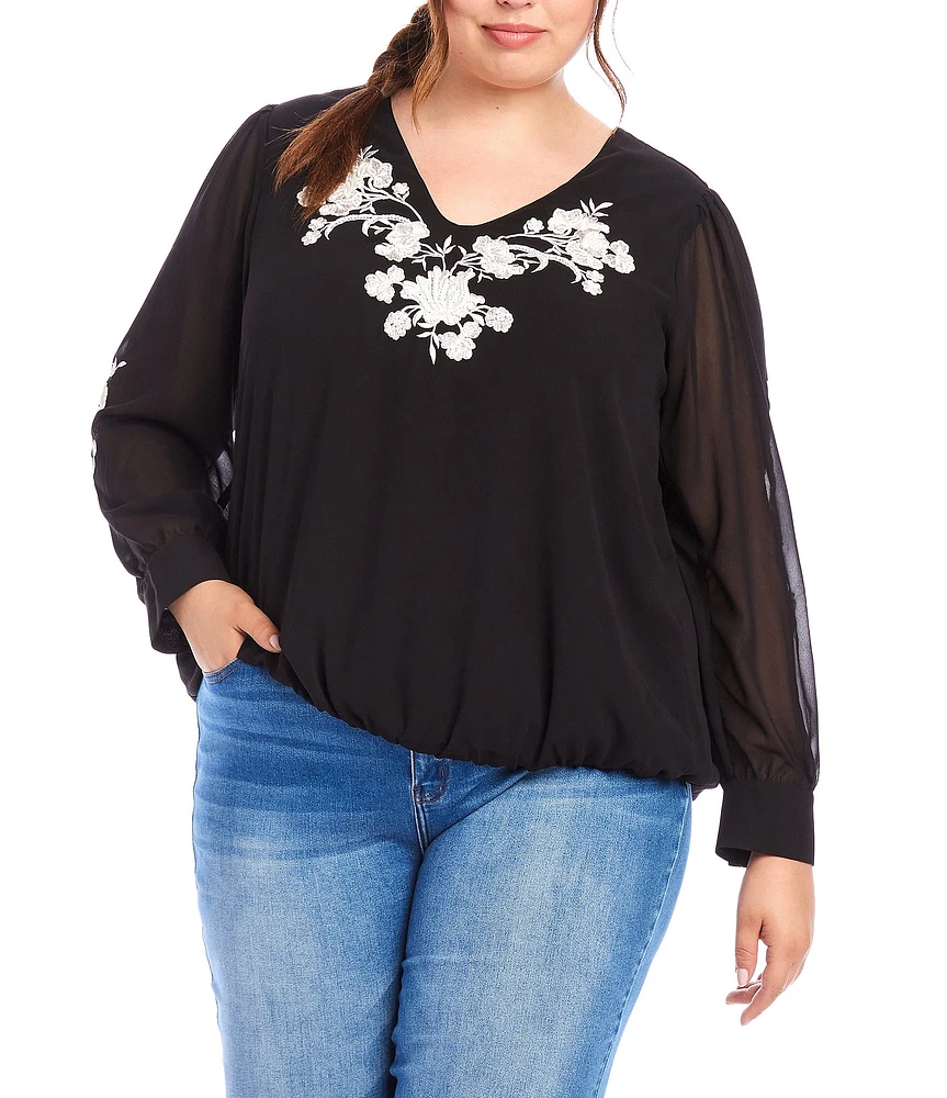 Karen Kane Plus Size Embroidered Floral V-Neck Long Blouson Sleeve Top