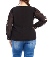 Karen Kane Plus Size Embroidered Floral V-Neck Long Blouson Sleeve Top