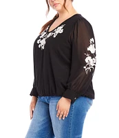 Karen Kane Plus Size Embroidered Floral V-Neck Long Blouson Sleeve Top