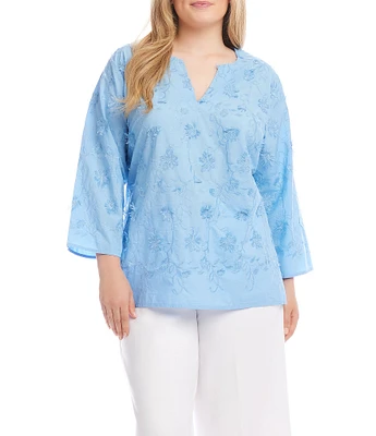 Karen Kane Plus Size Embroidered Split V-Neck 3/4 Sleeve Tunic