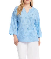 Karen Kane Plus Size Embroidered Split V-Neck 3/4 Sleeve Tunic