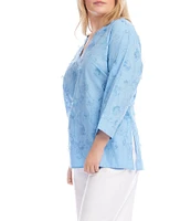 Karen Kane Plus Size Embroidered Split V-Neck 3/4 Sleeve Tunic