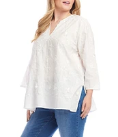 Karen Kane Plus Size Embroidered Split V-Neck 3/4 Sleeve Tunic