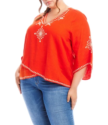 Karen Kane Plus Size Embroidered V-Neck 3/4 Flare Sleeve Asymmetrical Top