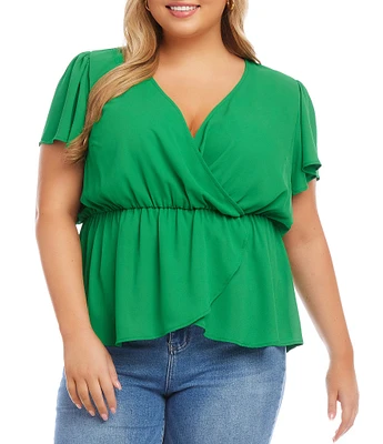 Karen Kane Plus Size Faux Wrap Cinched Elastic Waist Surplice V-Neck Short Flutter Sleeve Top