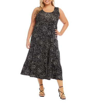 Karen Kane Plus Size Floral Print Scoop Neck Sleeveless Tiered Midi Dress