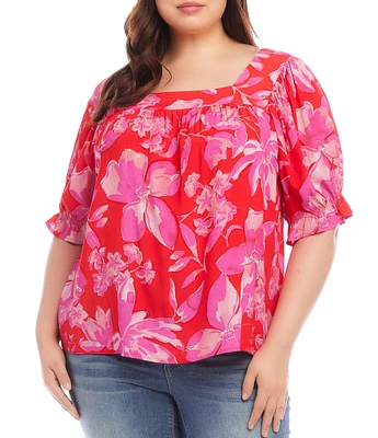 Karen Kane Plus Size Floral Print Square Neck Ruffle Sleeve Peasant Top