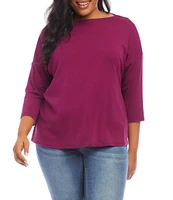 Karen Kane Plus Size Hemp-Organic Cotton Blend Boat Neck 3/4 Sleeve Drop Shoulder Knit Top