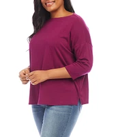 Karen Kane Plus Size Hemp-Organic Cotton Blend Boat Neck 3/4 Sleeve Drop Shoulder Knit Top