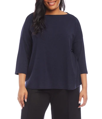 Karen Kane Plus Size Hemp-Organic Cotton Blend Boat Neck 3/4 Sleeve Drop Shoulder Knit Top